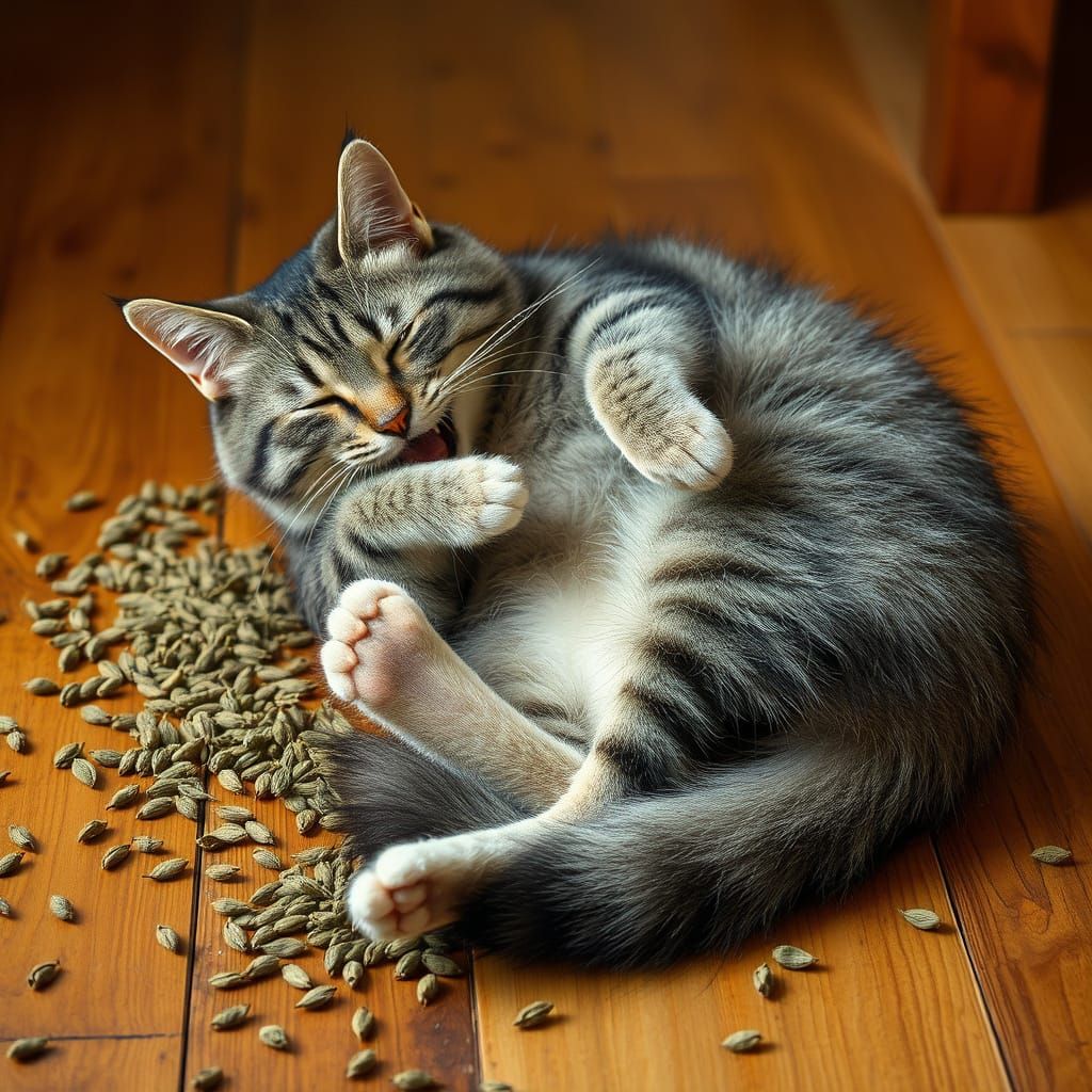 Playful Tabby Cat Rolling in Catnip, Storybook Illustration