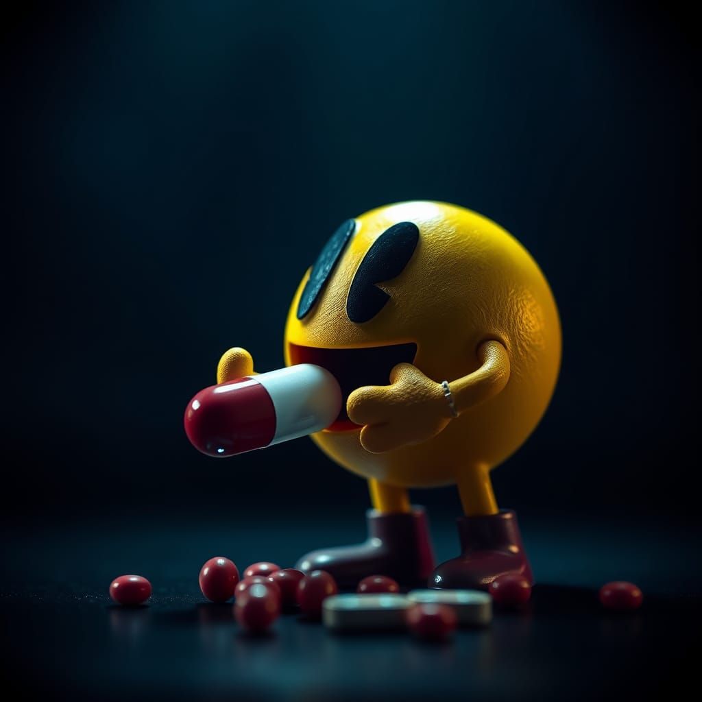 Hyperrealistic Pacman Eating a Pill in Sci-Fi Style