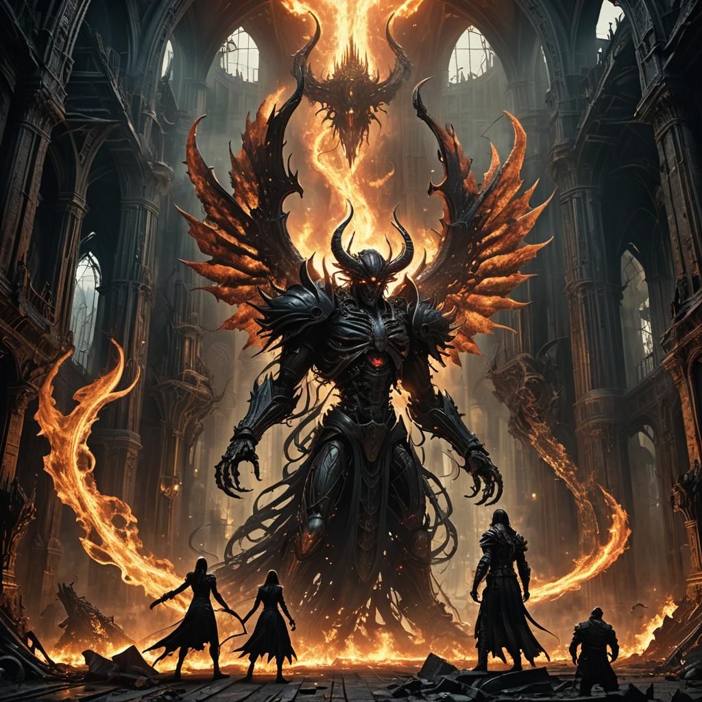 Angel and Demon Clash in Dark Fantasy Landscape