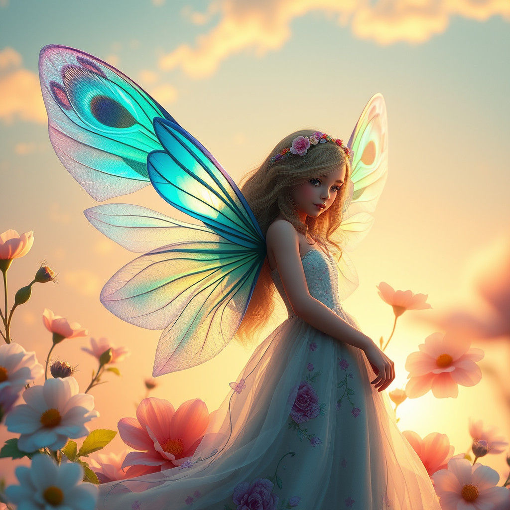 Whimsical Flower Girl with Iridescent Wings