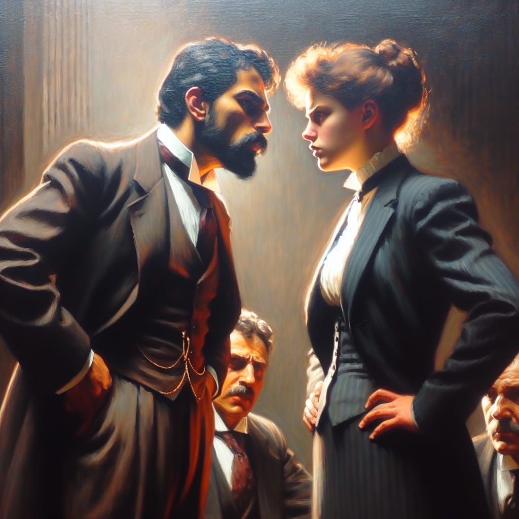 Heated Debate Between Business People: 19th-Century Oil Pain...