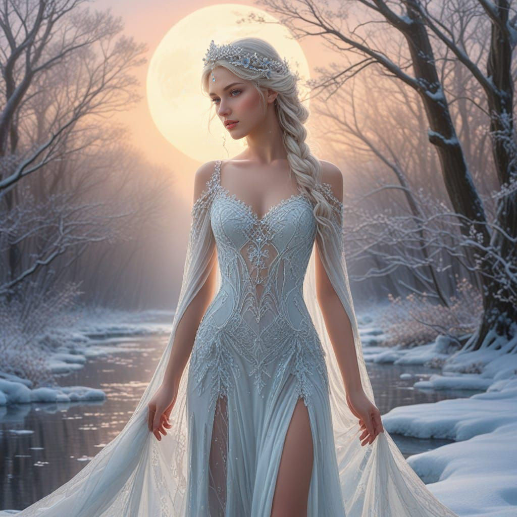 Ethereal Fairy Amidst Sunset on Frosty Lake