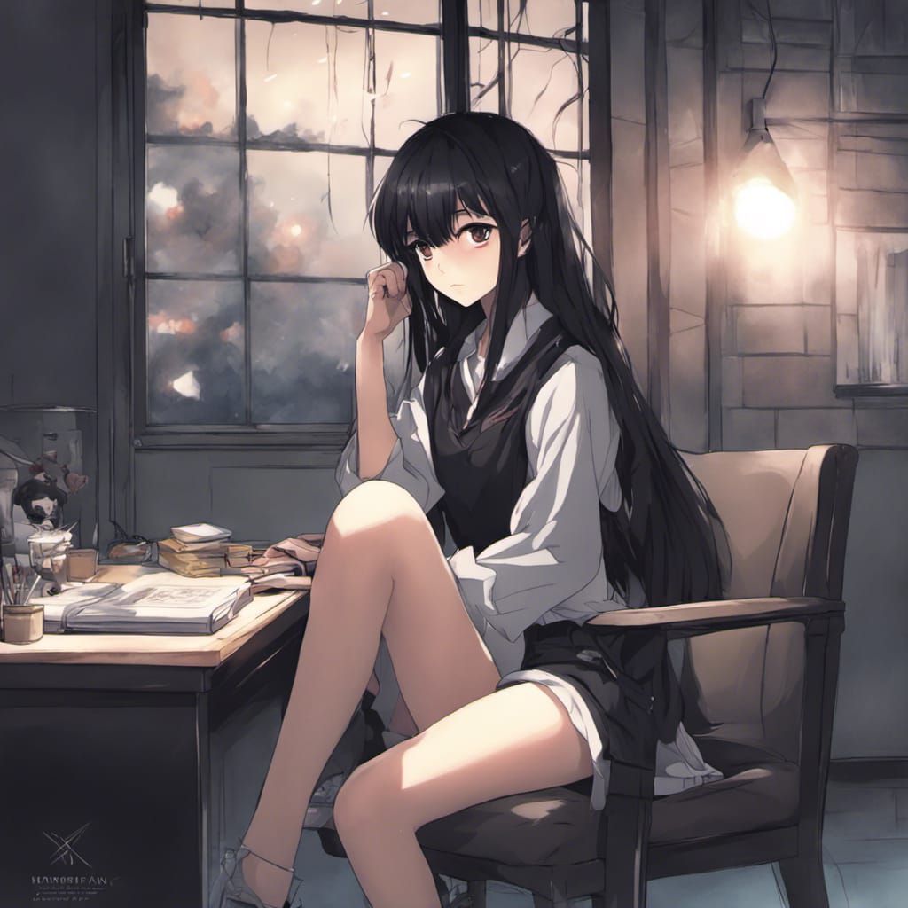 Anime Style Girl in Dark Room at Night