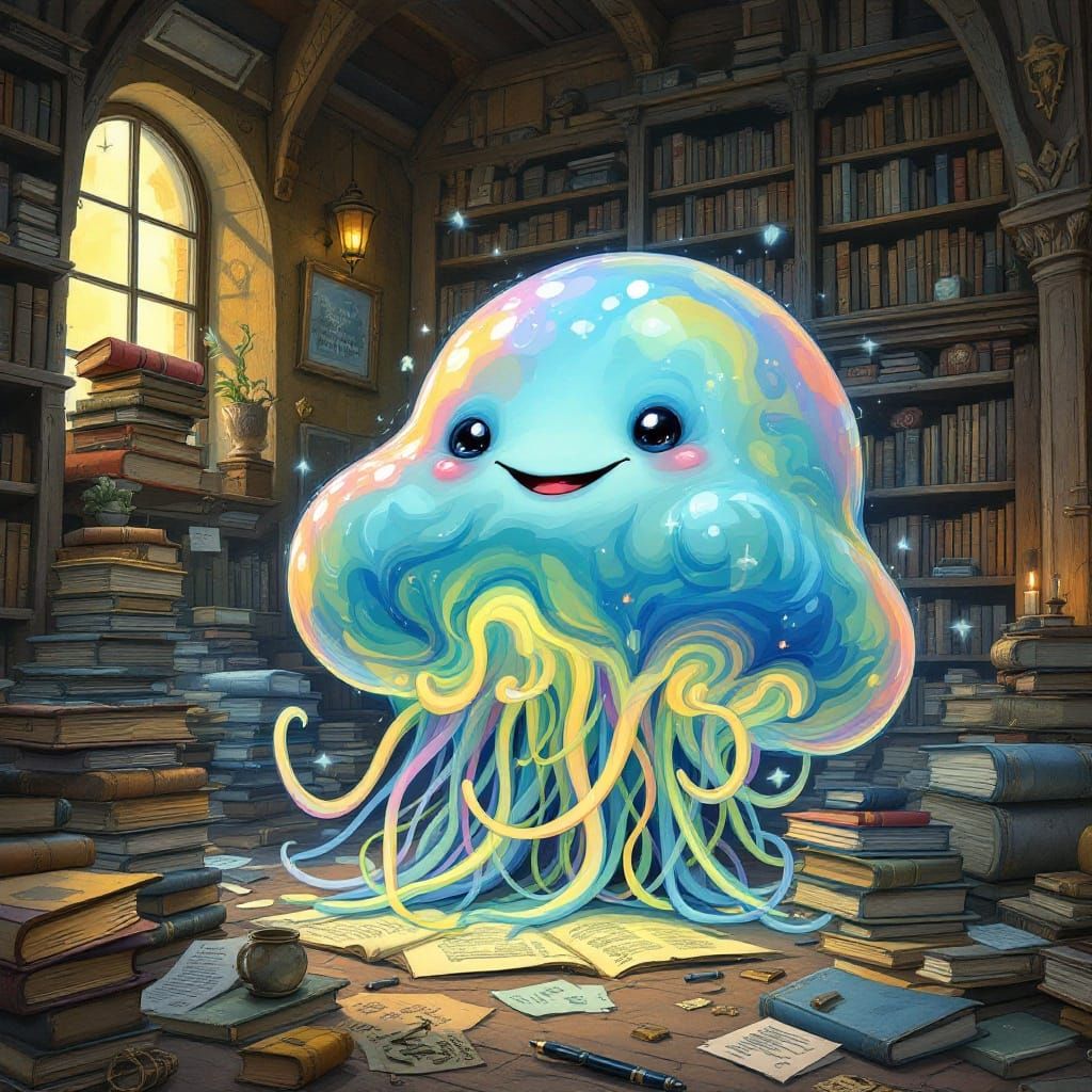 Whimsical Globglogabgalab in Cozy Library Setting