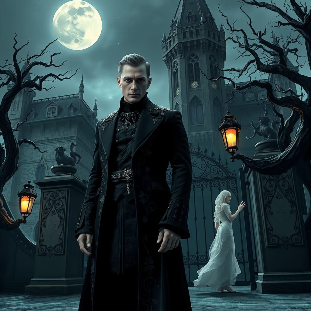 gothic castle ornate foreboding turrets, spikey gate. under ...