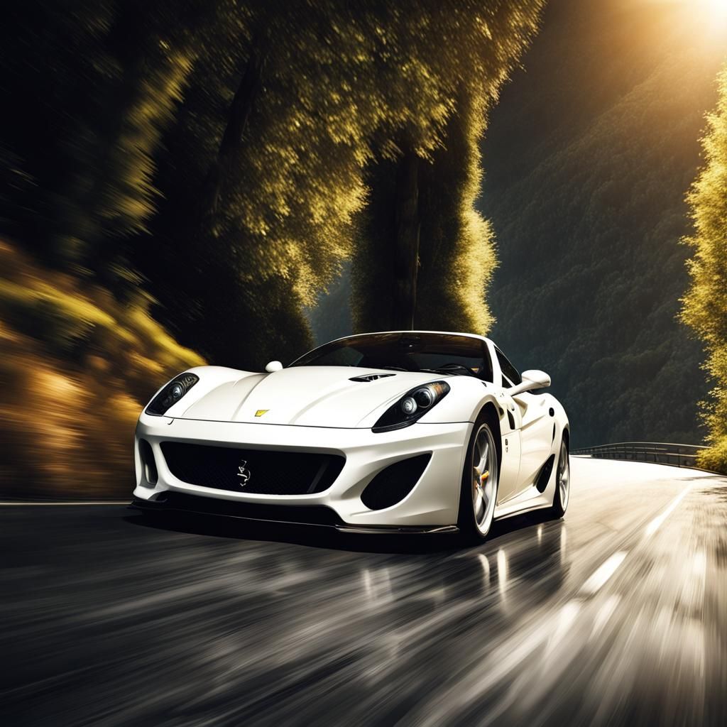 White Ferrari 599 GTO at Lake Como: Hyperrealistic Photo