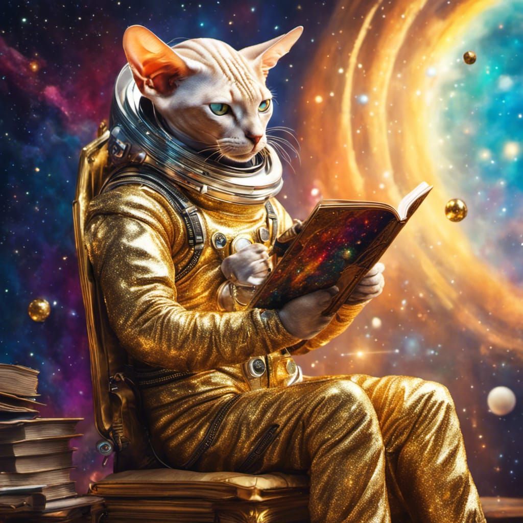 Ornate Sphynx Cat Astronaut Reads in Space