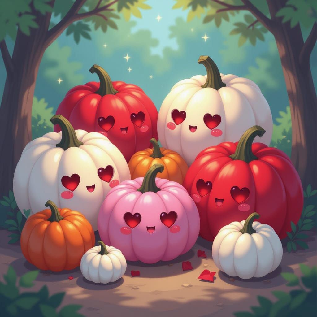 Anime Style Heart-Eyed Pumpkins with Magical Glow
