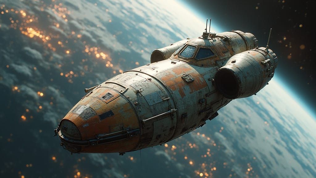 Aged Space Probe Orbiting Futuristic Planet in Sci-Fi Style