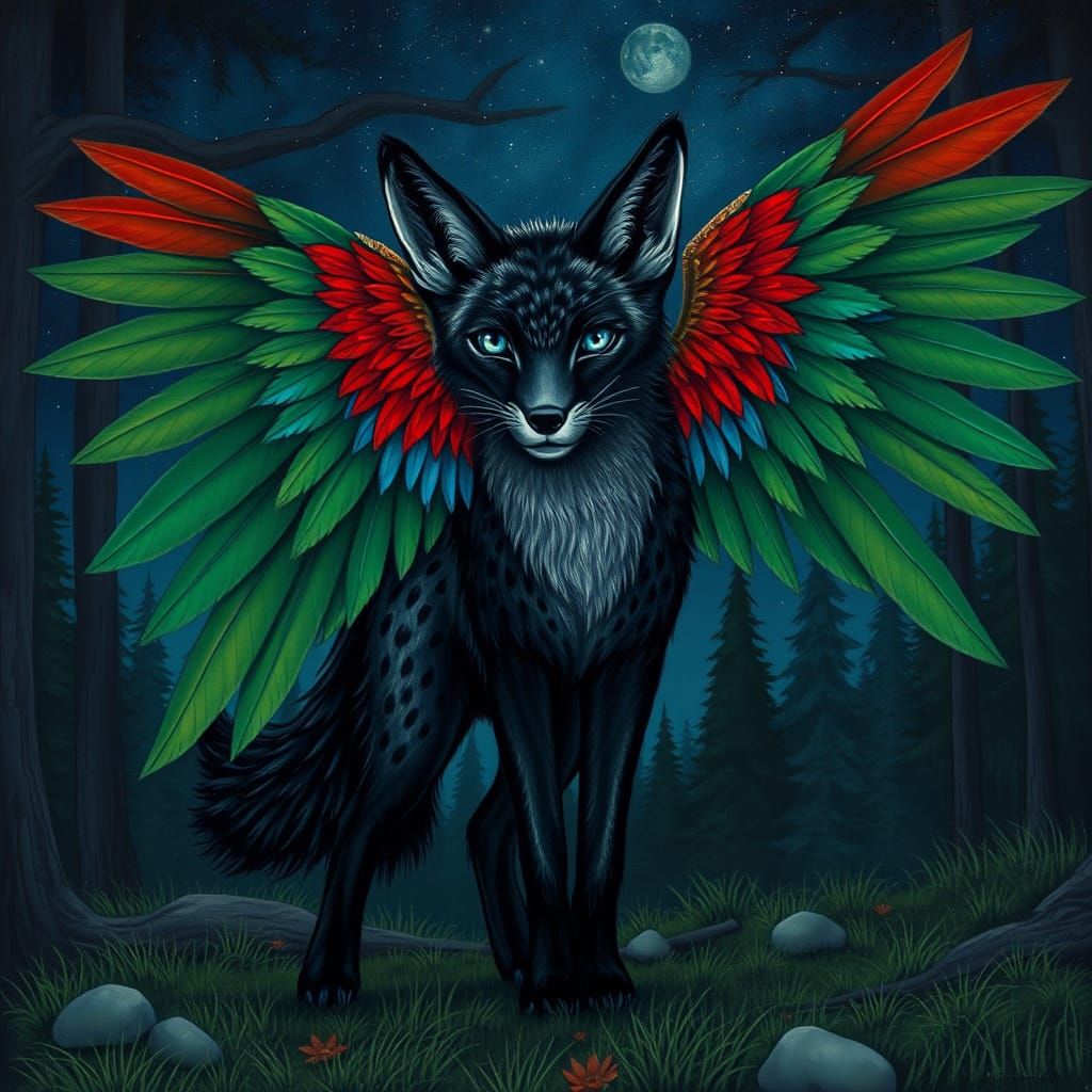Majestic Black Fox with Parrot Wings in Starry Forest