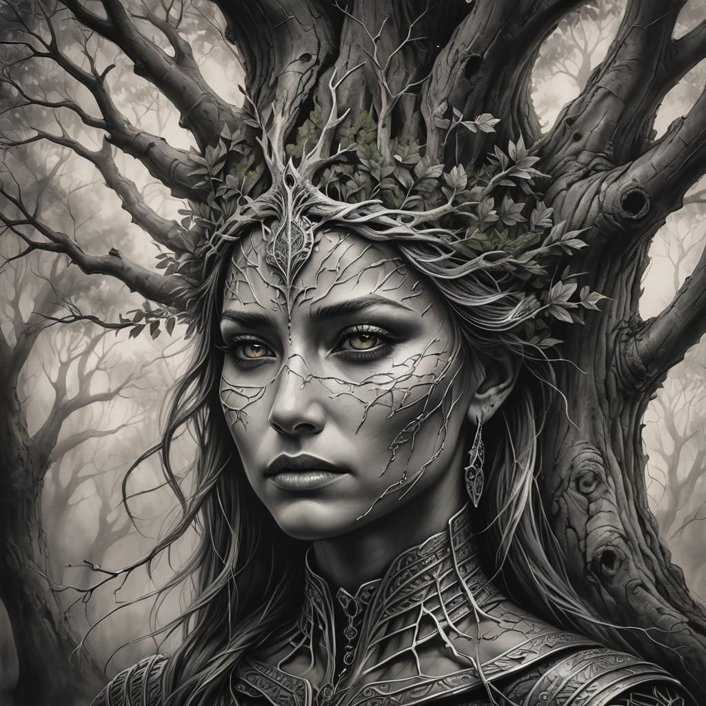 Warrior Queen with Magical Tree: Charcoal Drawing