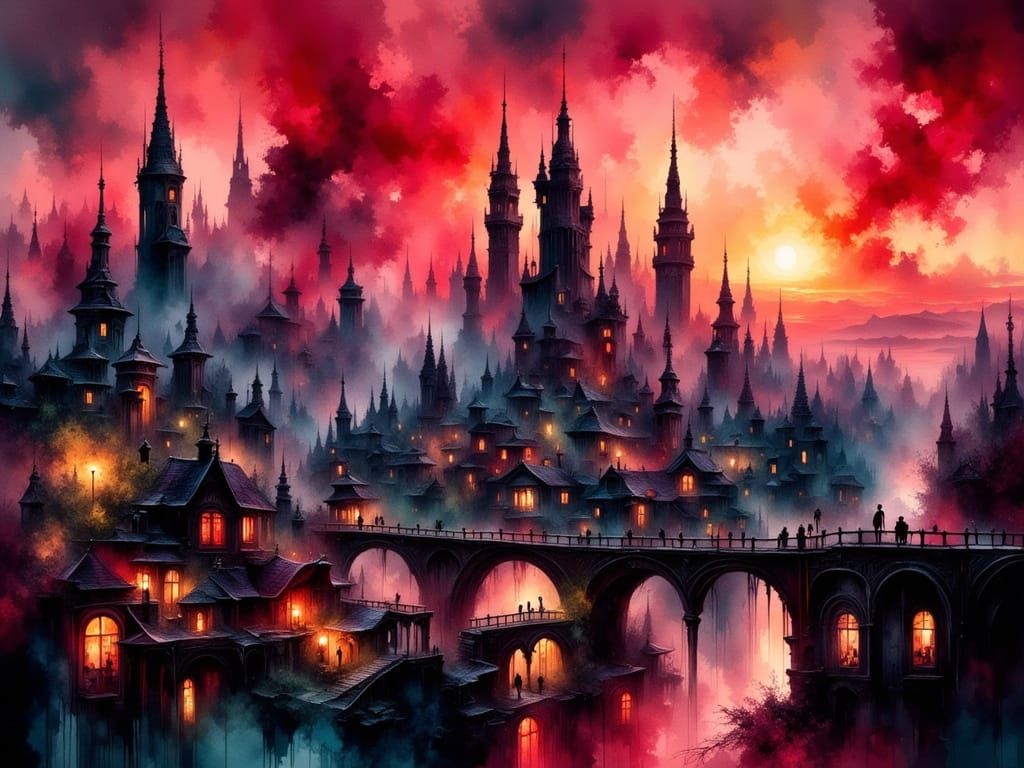 Cyberpunk Metropolis in a Distressed Watercolor Style