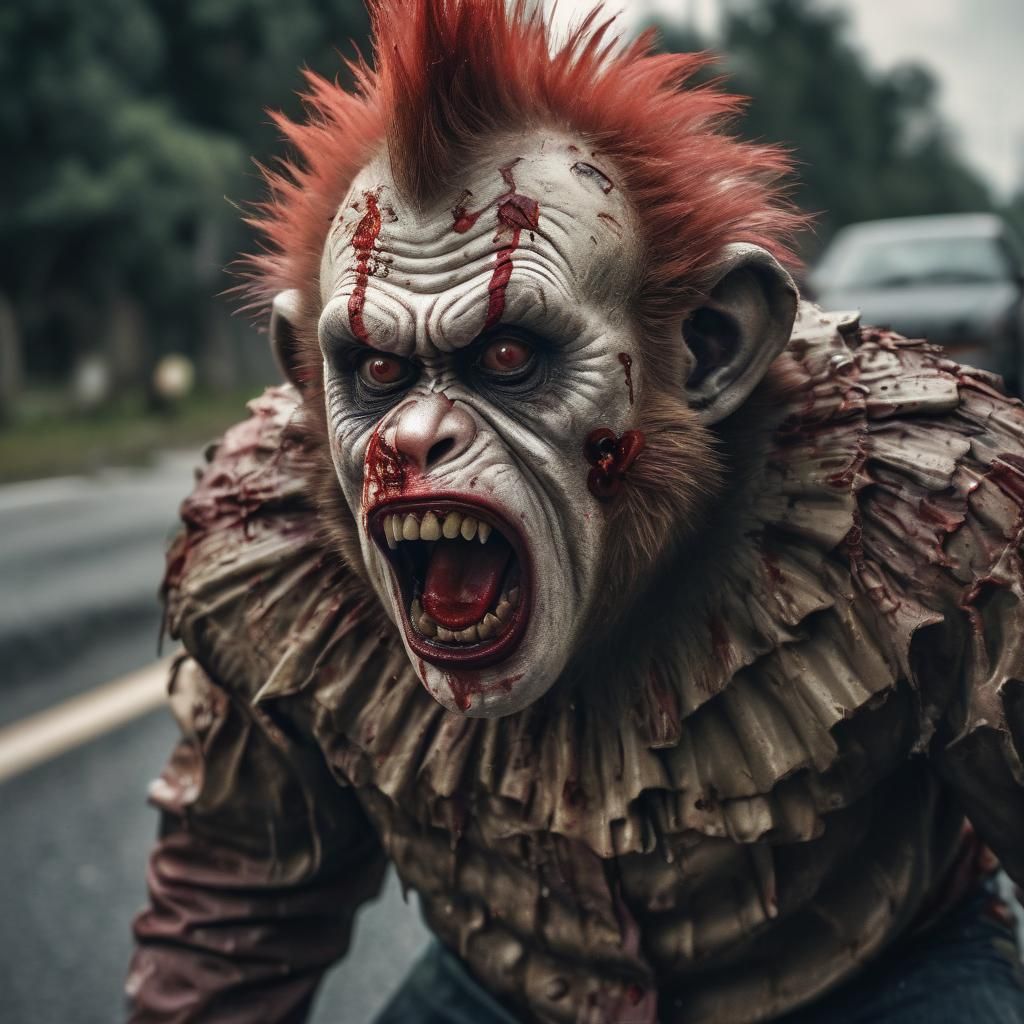 Hyperrealistic Zombie Monkey Clown Road Rage Incident