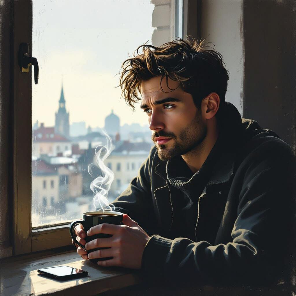 Man Gazes Out Window in Moody Budapest Apartment