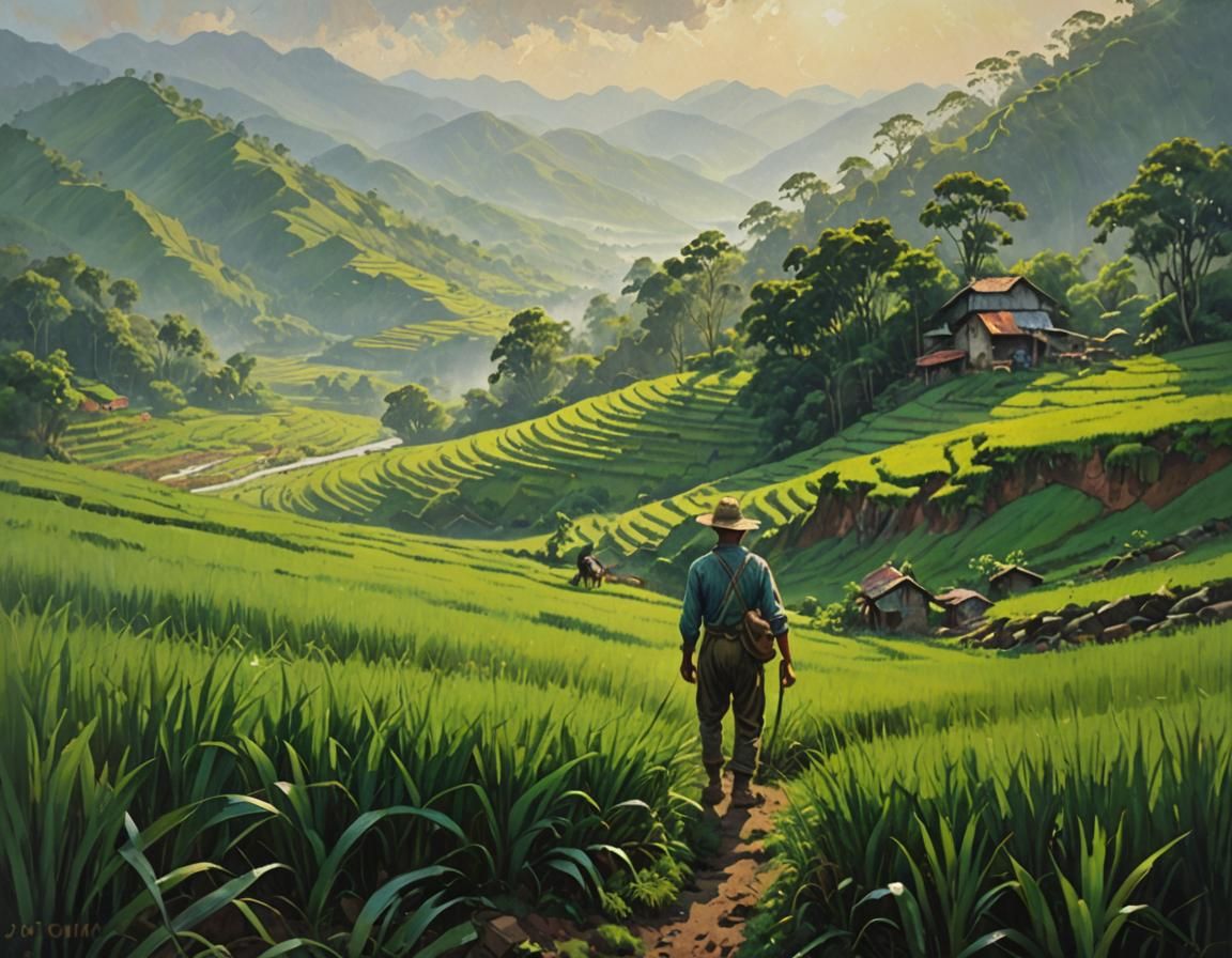 Lush Paddy Field: An Oil Painting