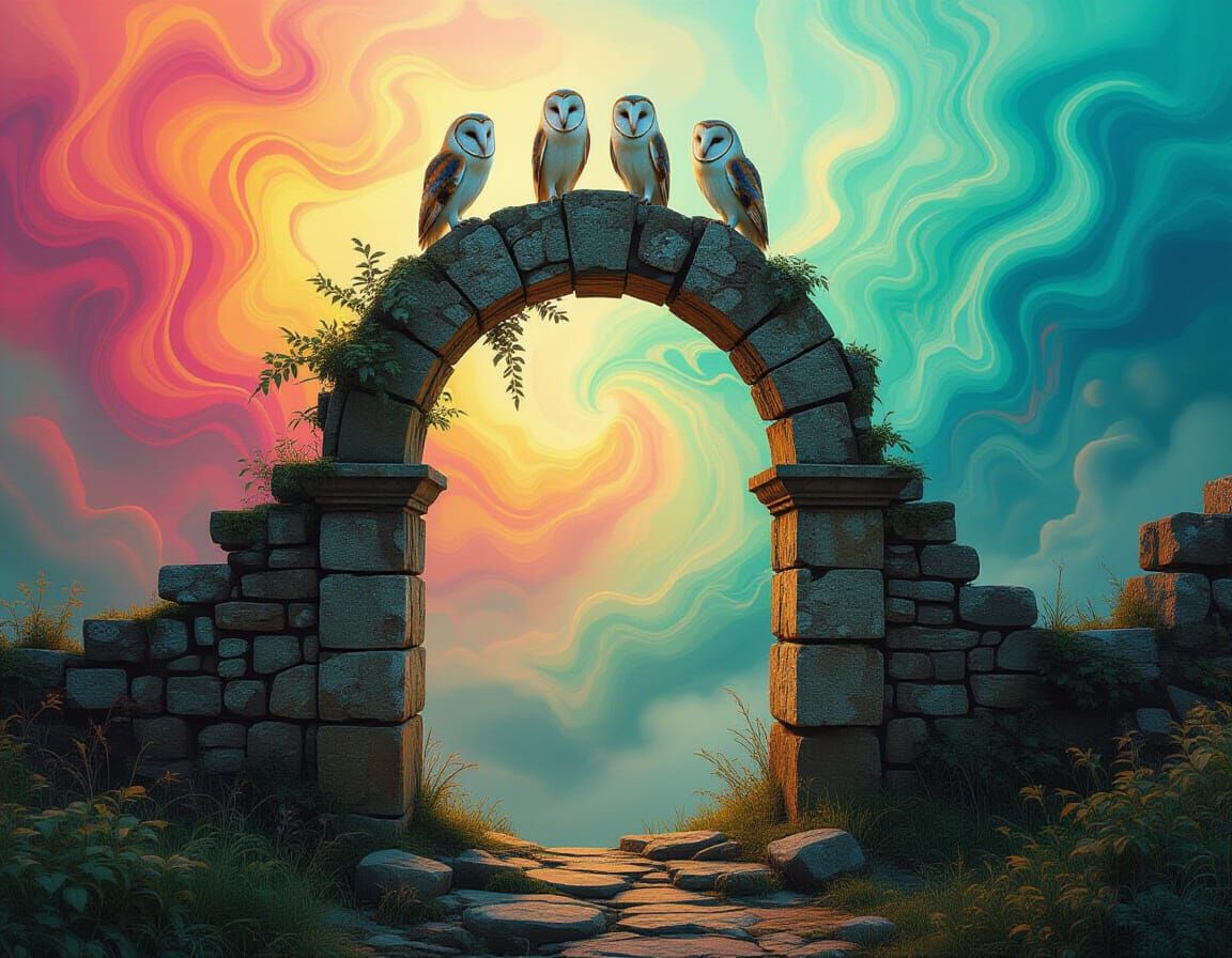 Two Barn Owls on Ancient Archway in Surreal Style