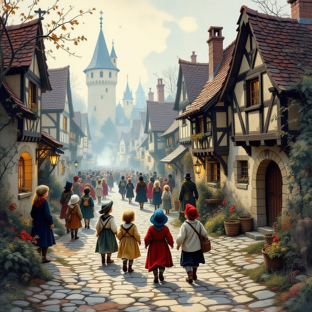 Pied Piper Leads Children Through Vibrant Medieval Village