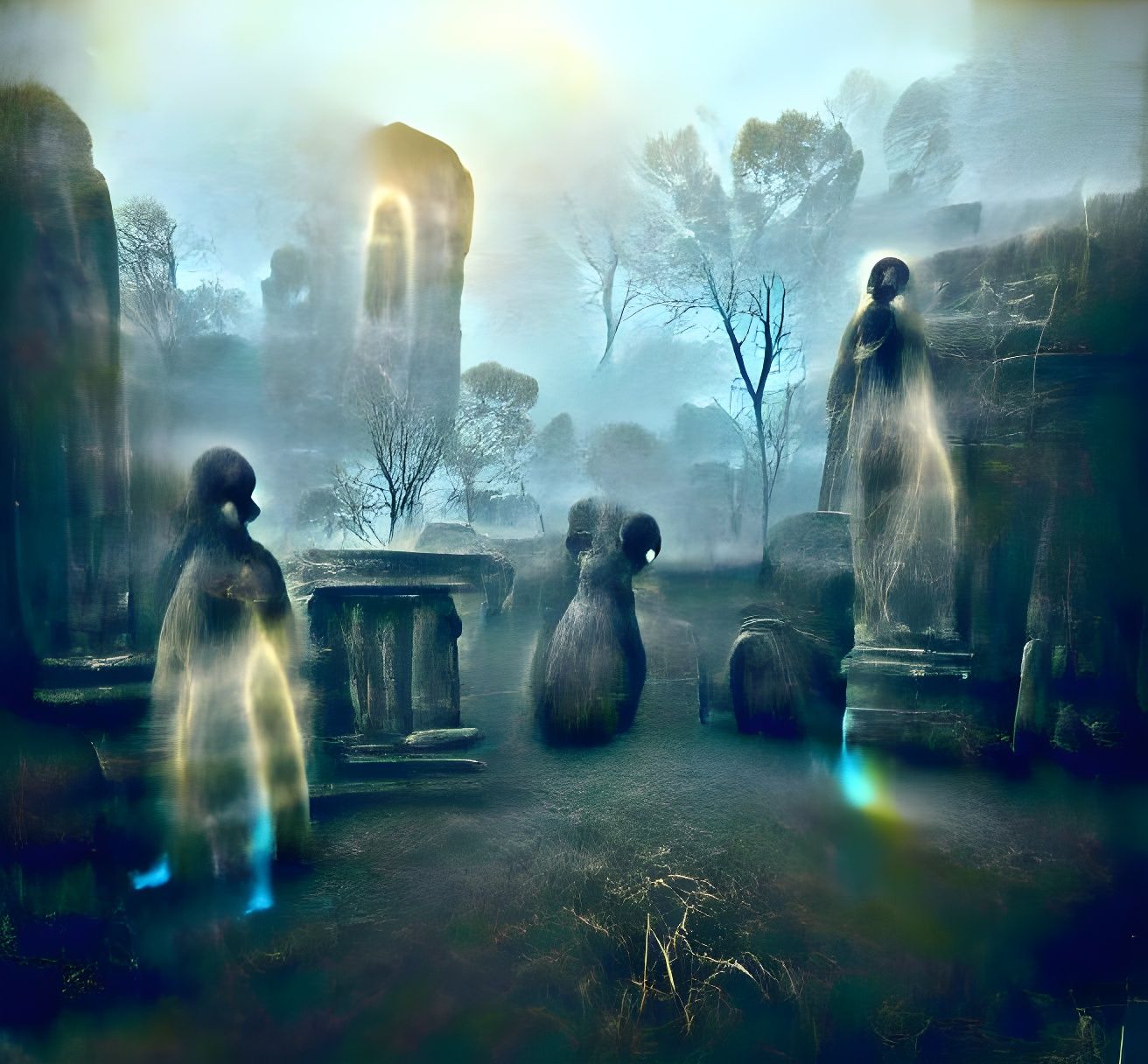 Graveyard Ghosts in Spectral Light: A Haunting Scene