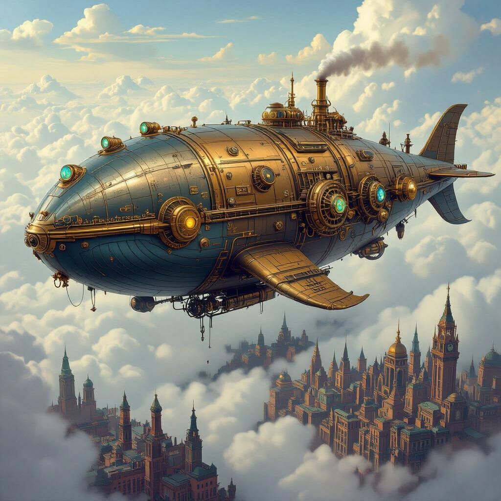 Steampunk Whale Airship Over Victorian City