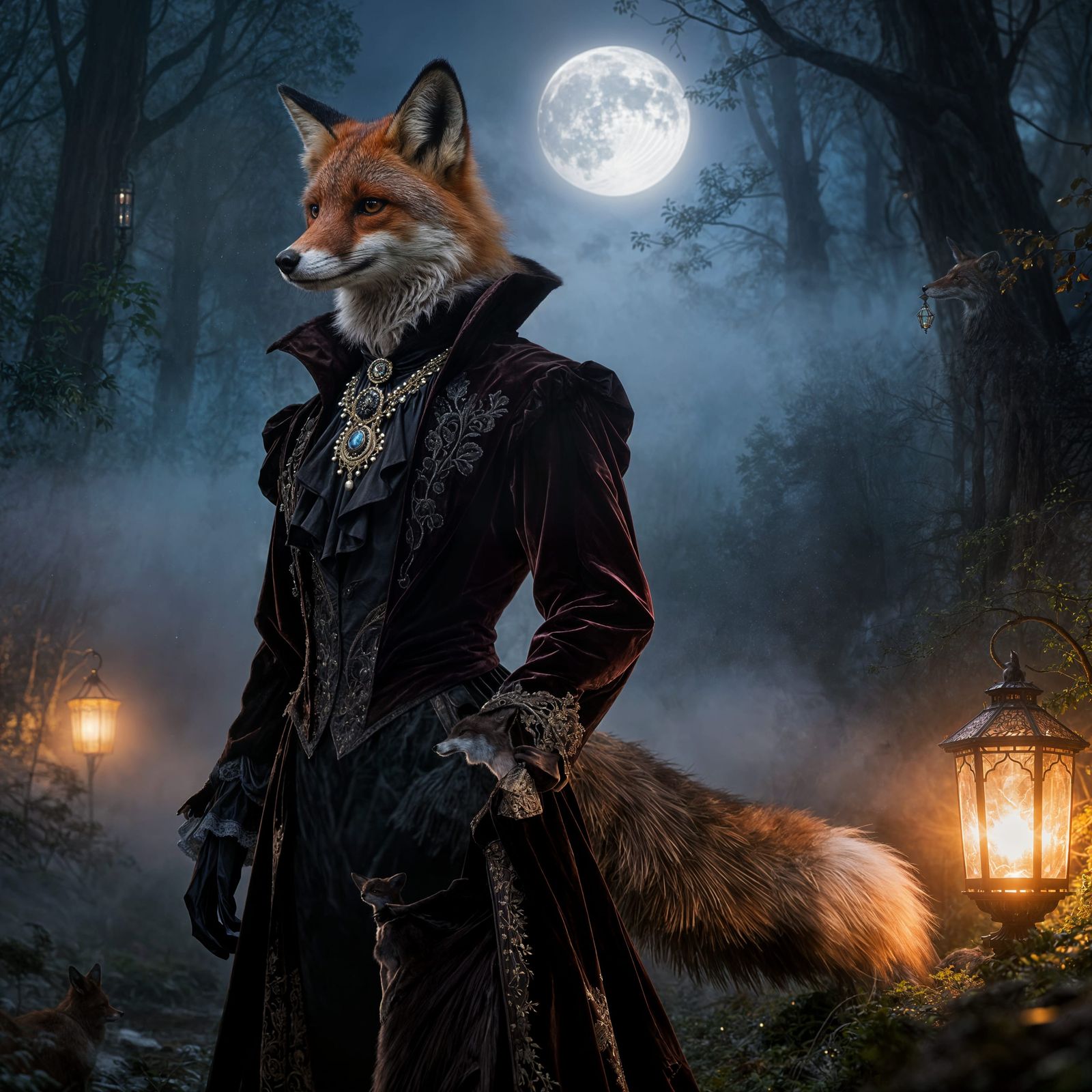 Victorian Vampire Fox in Moonlit Misty Forest