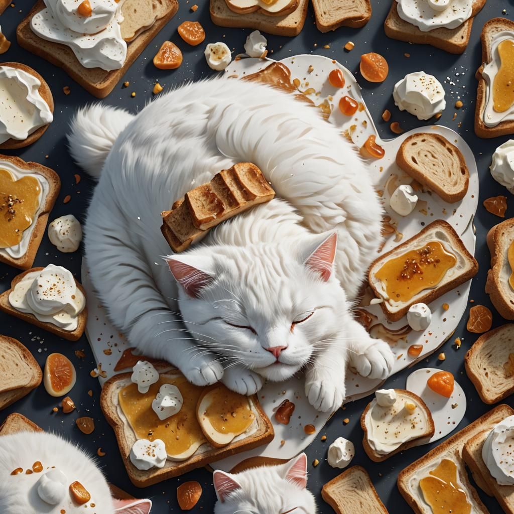 Cute White Cat Sleeping on Toast: Digital Art