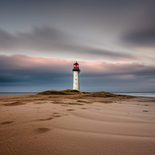 Lone Lighthouse on Sandy Beach with Ocean Waves