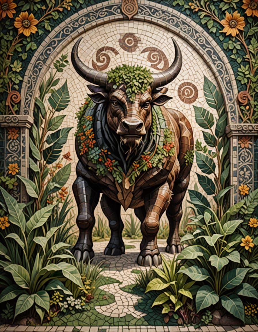 Romanesque Minotaur Mosaic in Lush Greenery