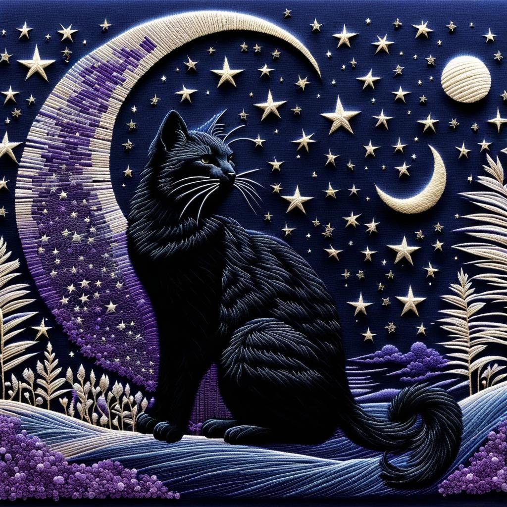 Embroidered Cat Silhouette in Midnight Starscape