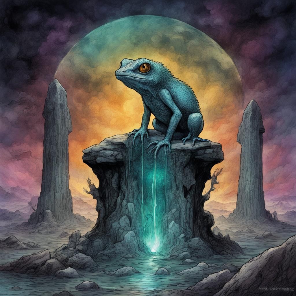 Sad Newt with Monoliths in Visionary Style