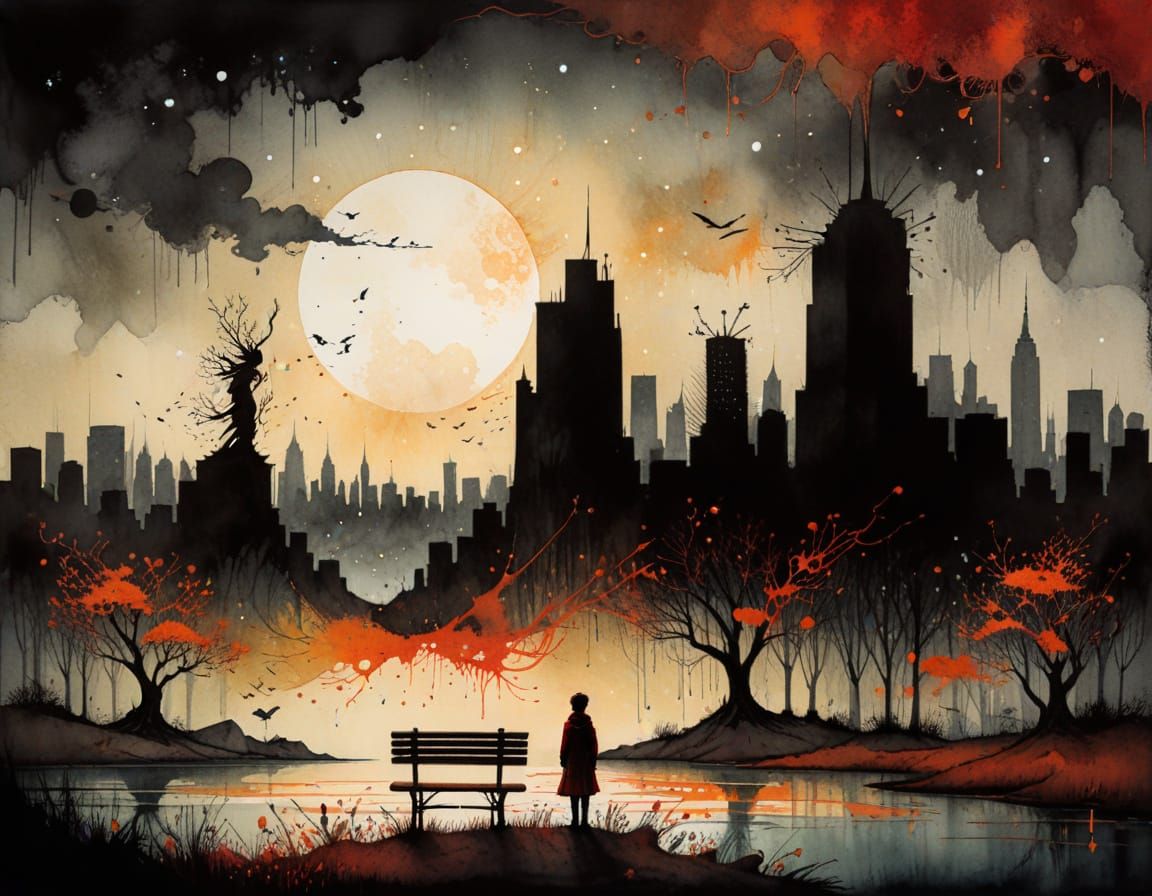 Whimsical Watercolor Scene of a Bench in New York City
