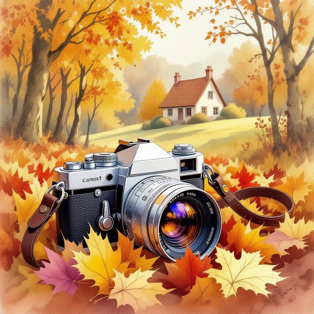 Vintage Camera in Autumn Leaves, Watercolor Style