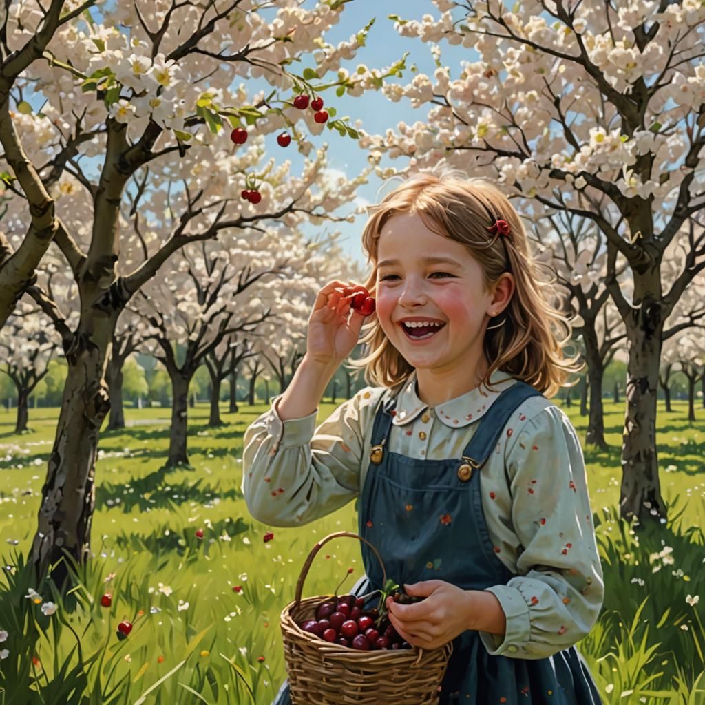 Girl in Cherry Orchard with Cherry Earrings