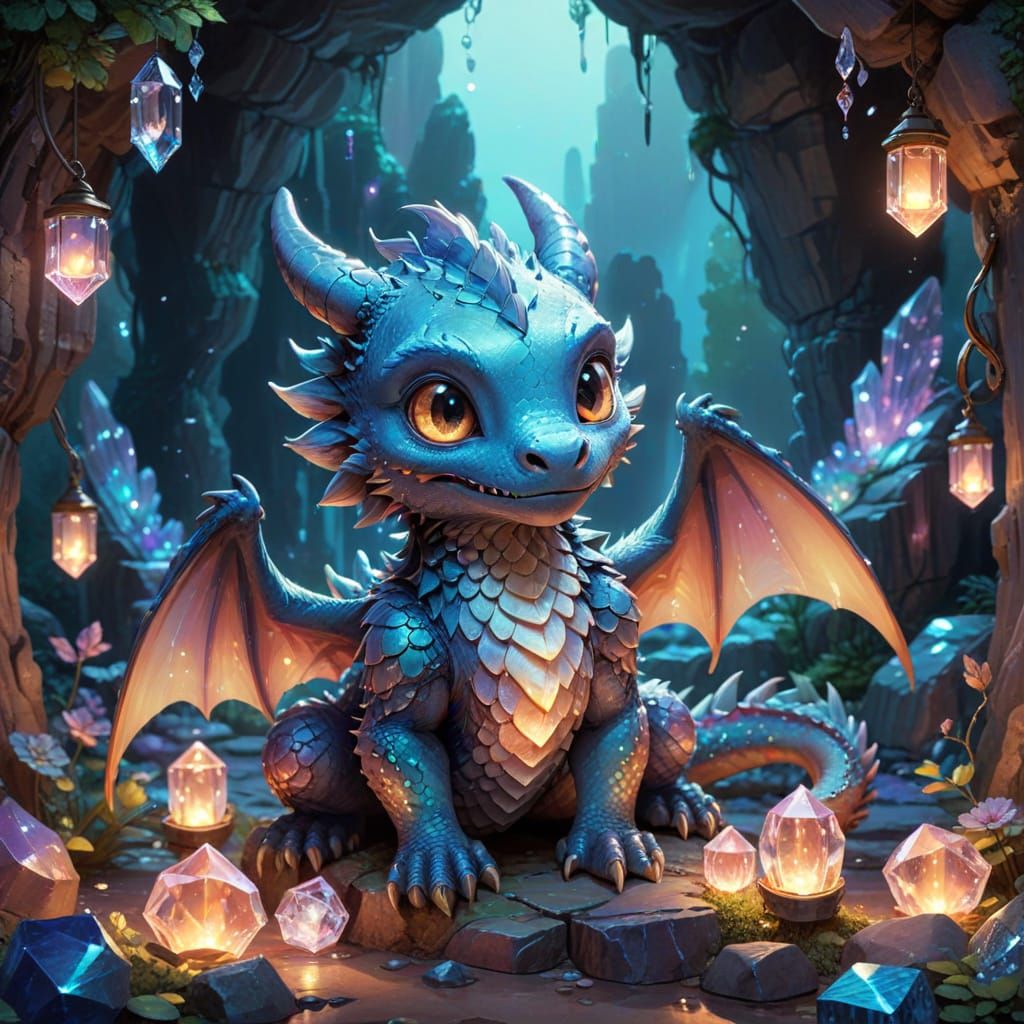 Chibi Dragon on Crystals in Ghibli Style