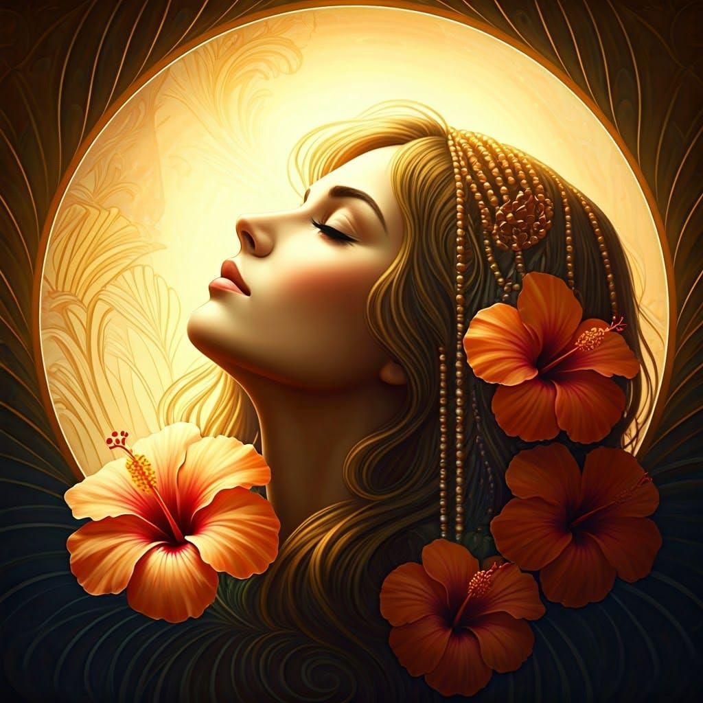 Art Deco Woman with Hibiscus Flowers and Beads