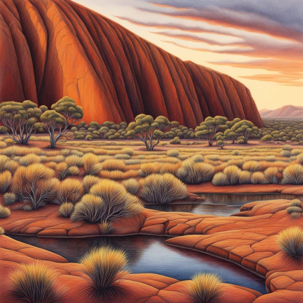 Uluru in Colored Pencil with Golden Lighting