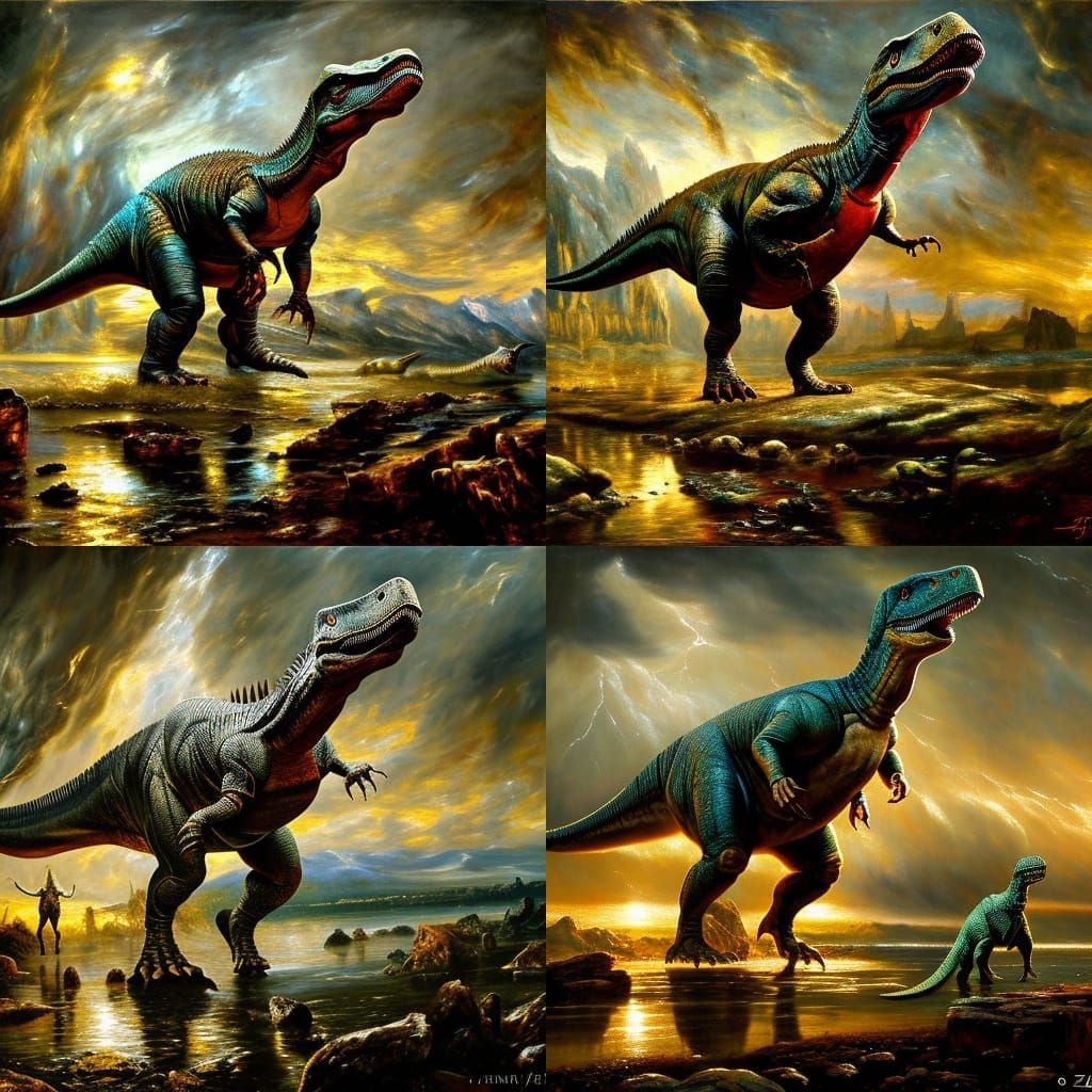 Metallic Dinosaur Drawing with Ornate Landscape