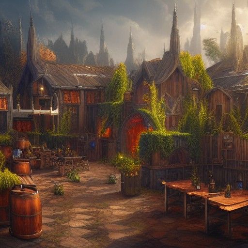 Fantastical Beer Garden in Detailed Matte Painting