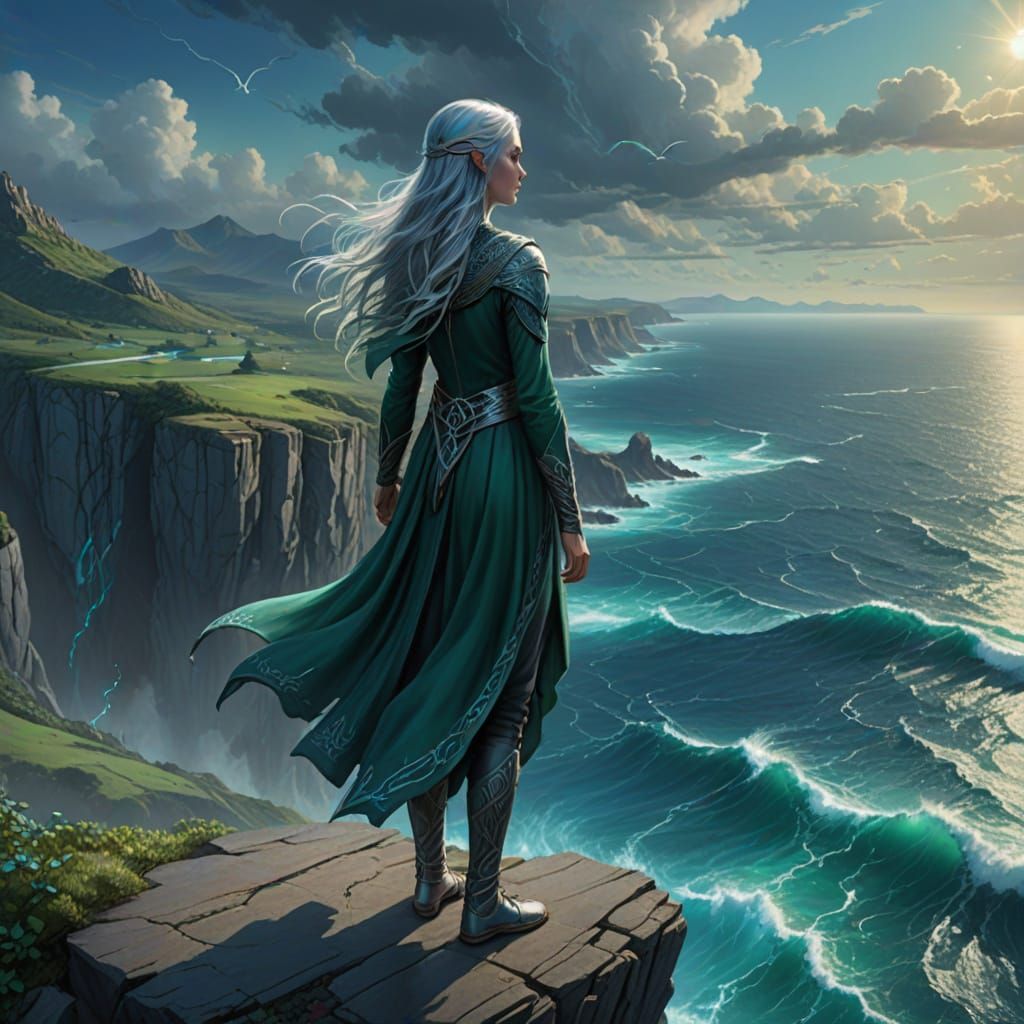 Fantasy Aerial View Of Elven Woman On Cliff
