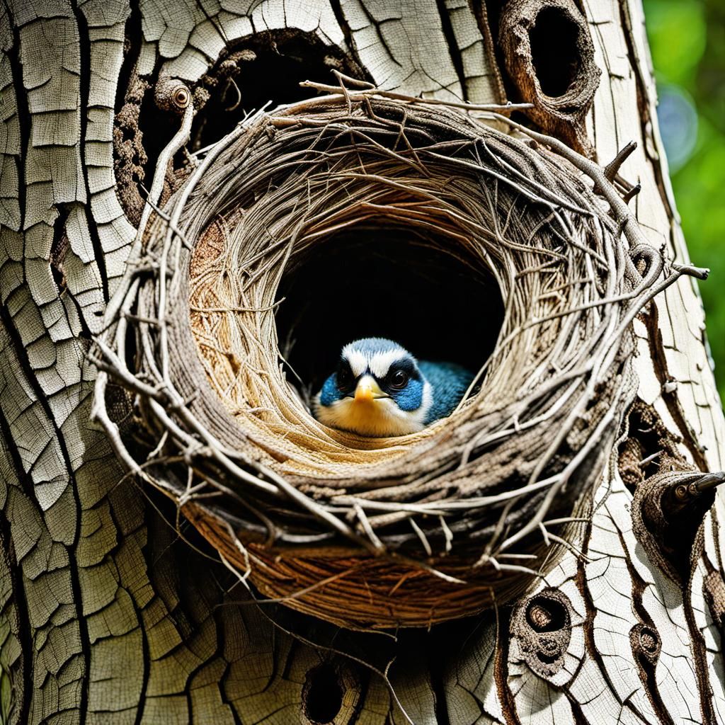 Bird and Nest in Old Tree: Detailed Digital Art