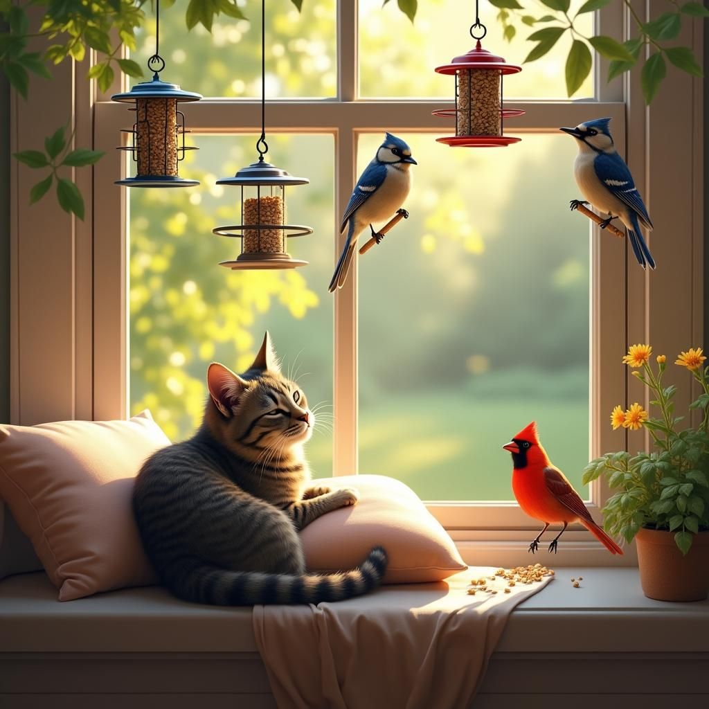 Cat Watching Birds in a Sunny Bay Window