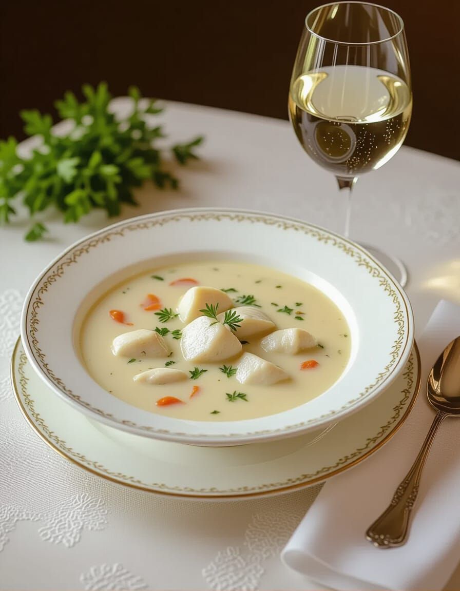 Creamy fish soup and a glass of white wine