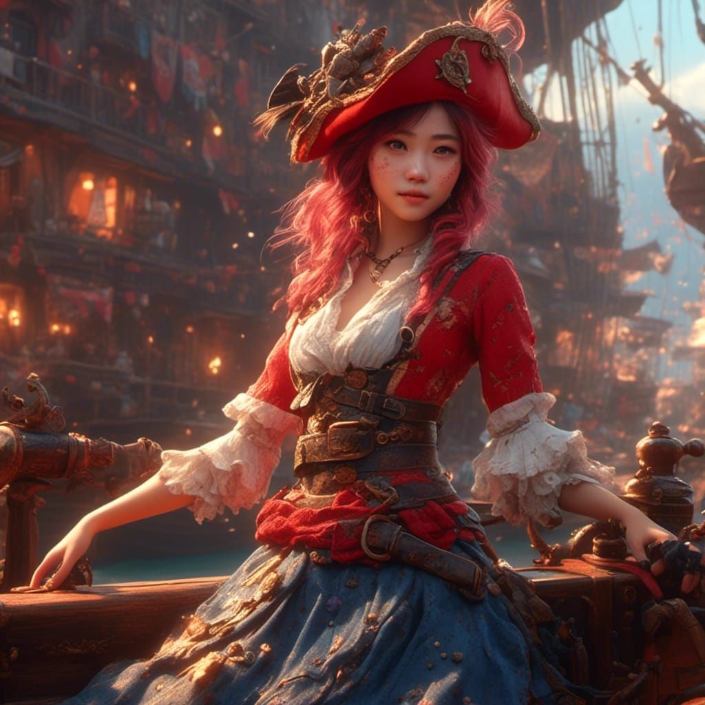 Smiling Pirate Queen on Red Ship Deck