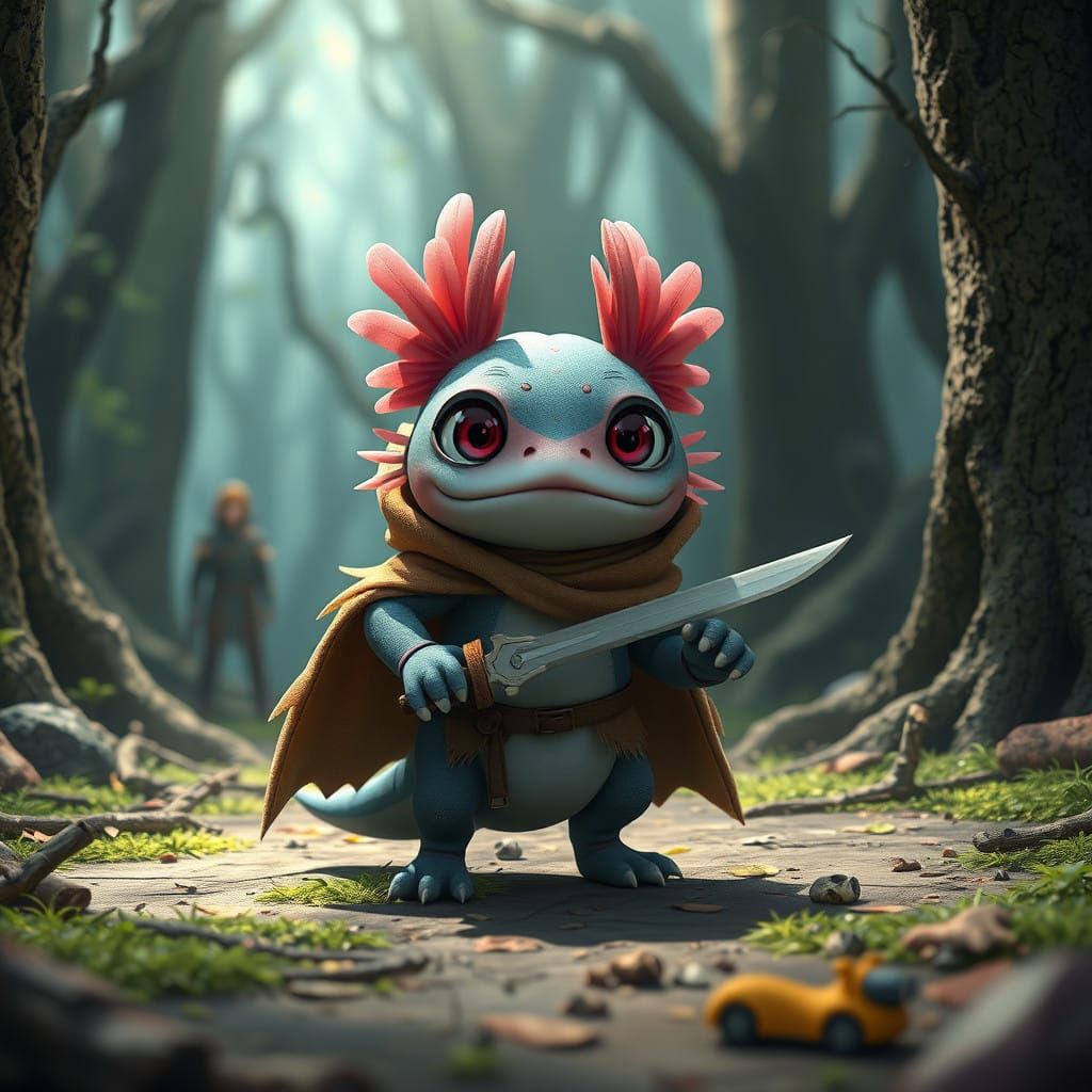 Axolotl Beast in Ancient Forest, Inspired by Anime and 3D Ar...