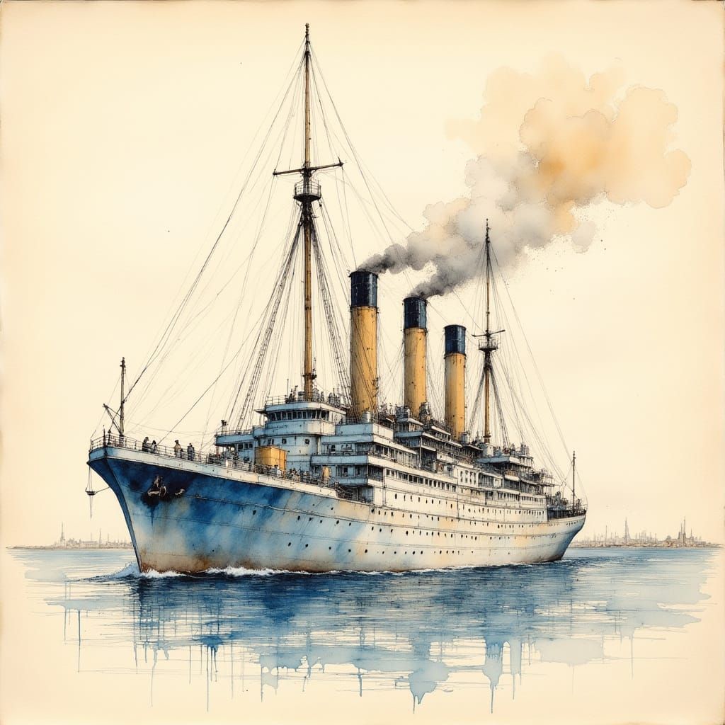 Vintage Steamship Pencil Drawing in Elegant Blue