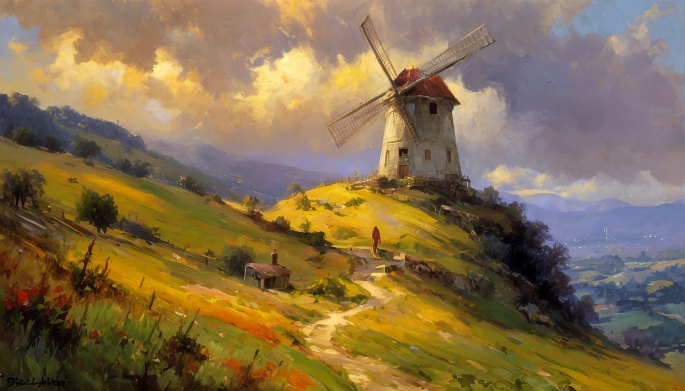 Windmill Hilltop Painting in Impressionistic Style