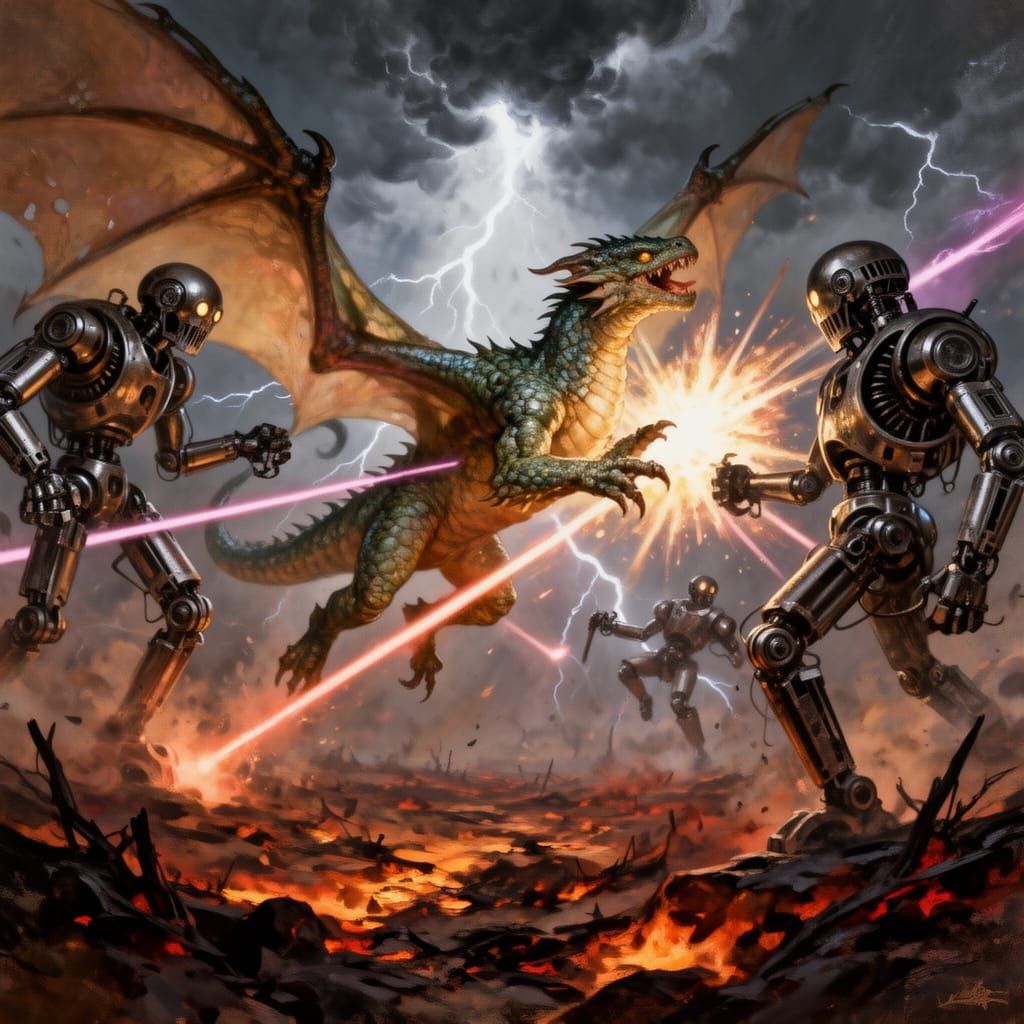 Dragon-Boy Battles Robots in Epic Fantasy Digital Painting