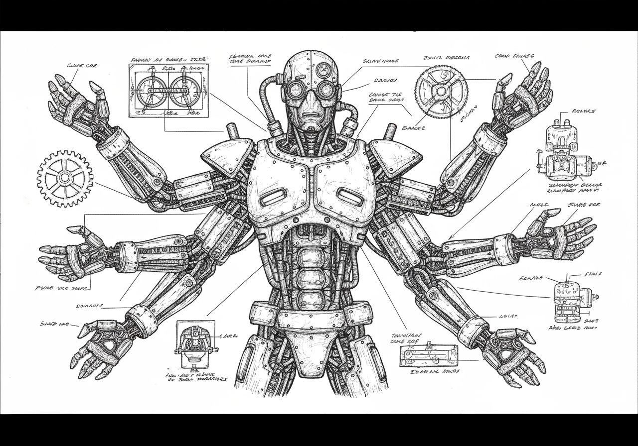 Steampunk Cyborg Technical Manual in Pen and Ink