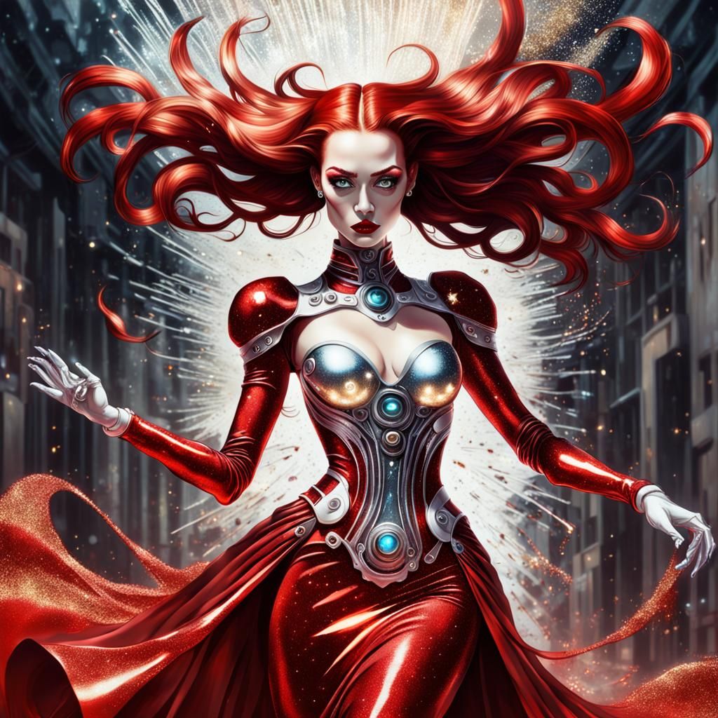 Cyborg Girl in Red Gown, Cartoon Surrealism