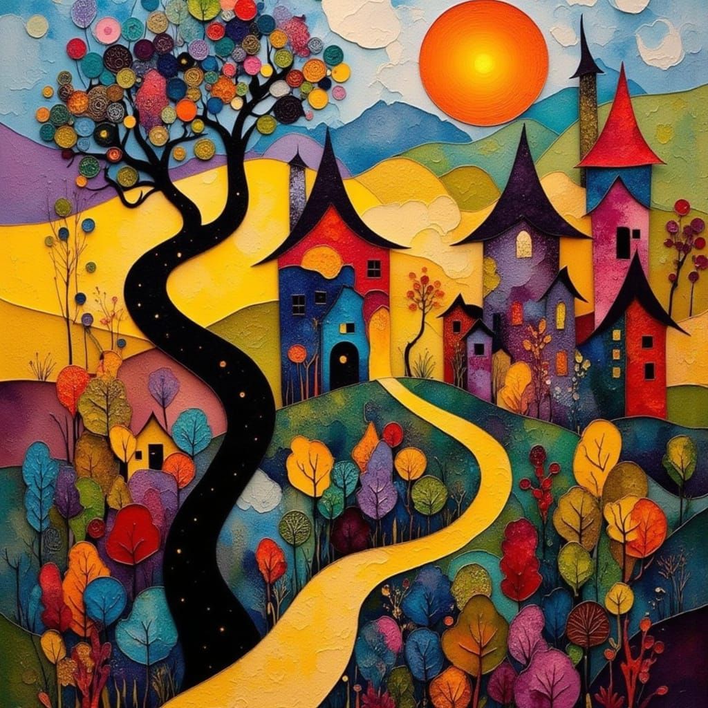 Vibrant Maximalist Landscape in Joan Miró Style