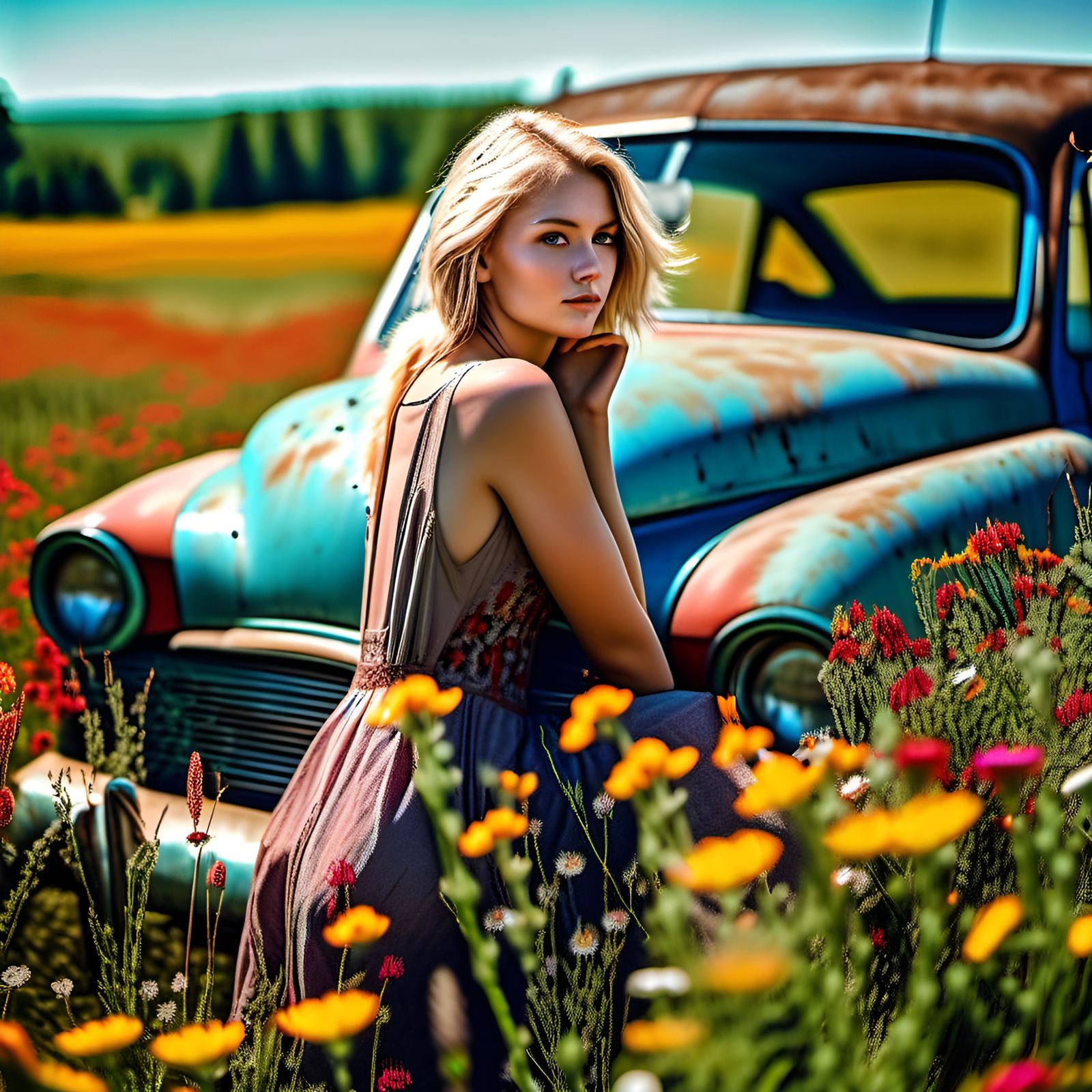 Blonde Model by Vintage Car in Wildflower Field